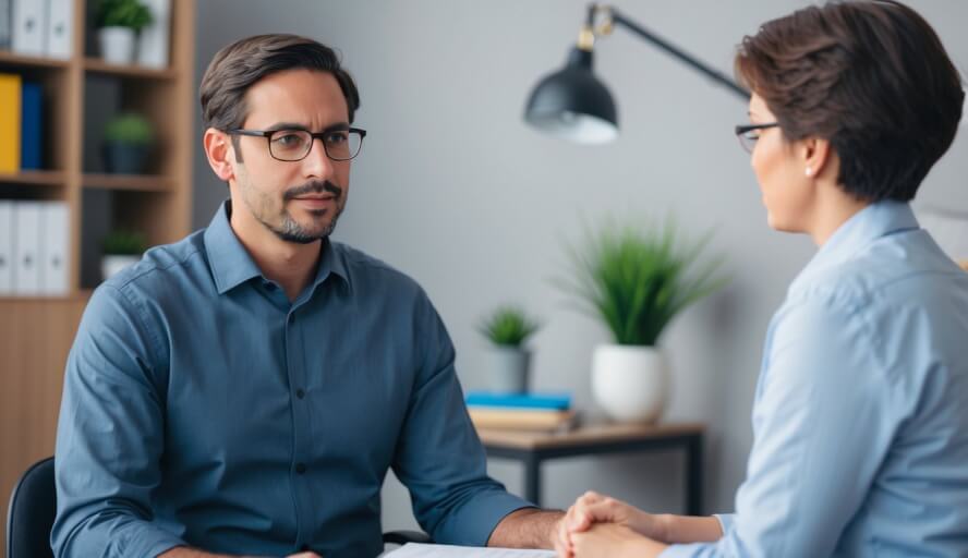 A therapist in Detroit, MI listens to a client's work stress concerns