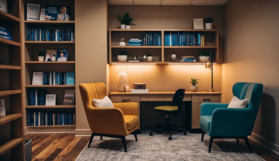 A cozy office with warm lighting, comfortable seating, and calming decor. A bookshelf filled with resources on men's counseling and depression treatment