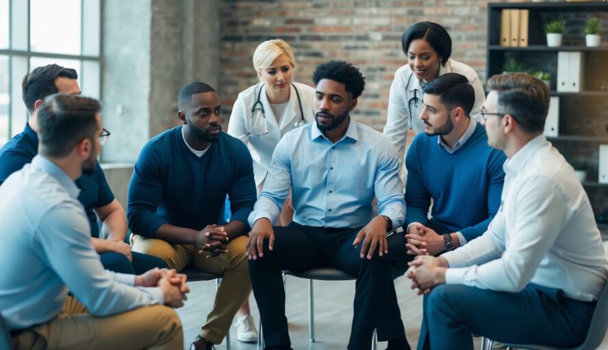 A group of men in Detroit, MI gather in a support group setting, surrounded by therapists, engaging in discussions and seeking help for their depression