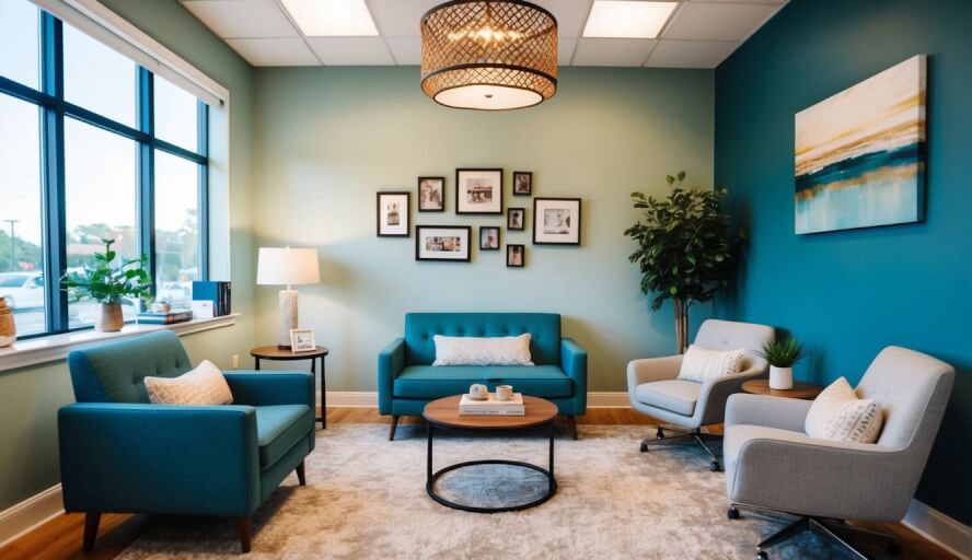 A cozy office with calming decor and comfortable seating for therapy sessions