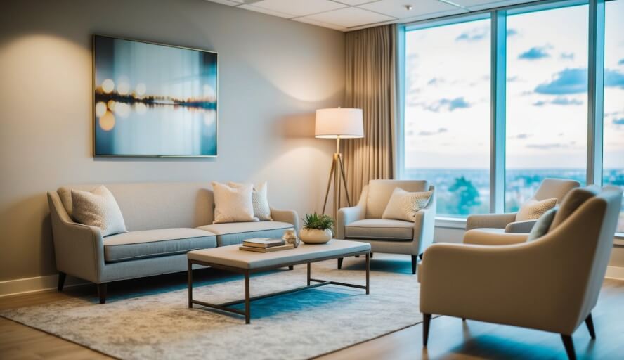 A serene office setting with a comfortable seating area, soft lighting, and calming decor. A professional atmosphere with a sense of warmth and relaxation