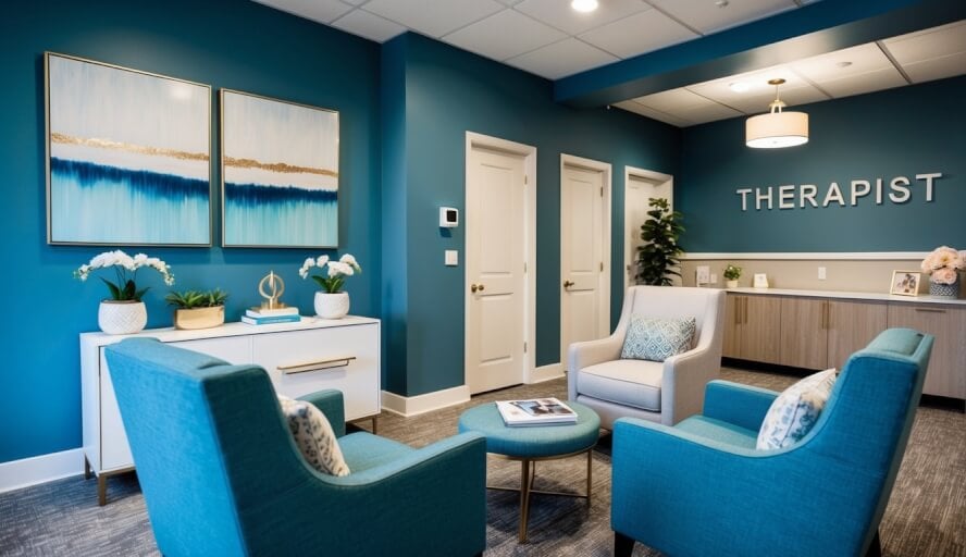 A therapist's office with calming decor and comfortable seating, located in St. Louis, MO