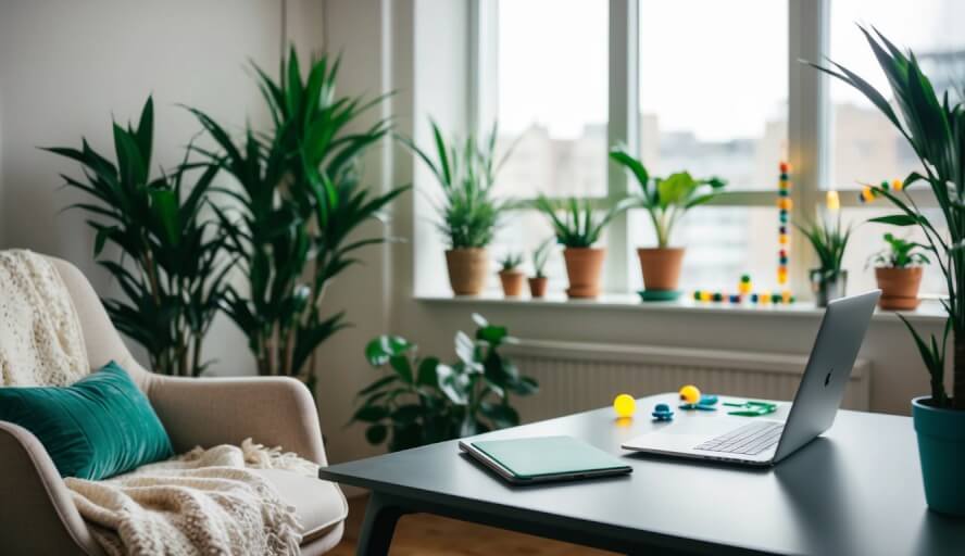 An office setting with calming decor, plants, and natural light. A cozy chair and desk with a laptop and stress-relief tools