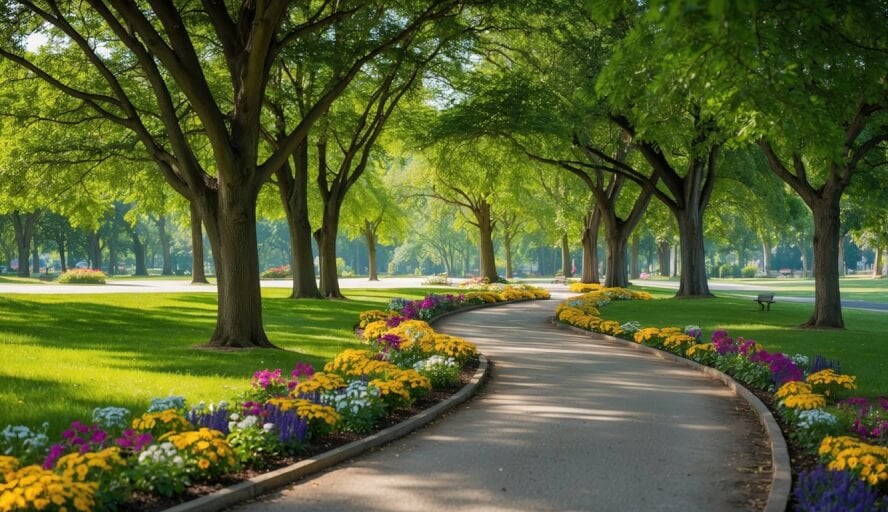 A serene park with a winding path, shaded by tall trees and surrounded by colorful flowers, providing a peaceful escape from the stresses of work
