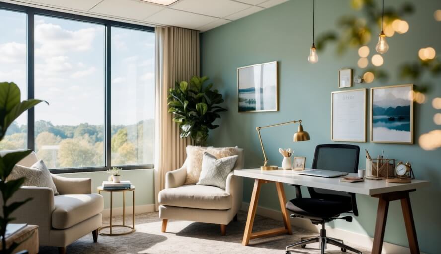 A serene office space with calming decor and natural lighting, featuring a cozy seating area and a desk with organizational tools