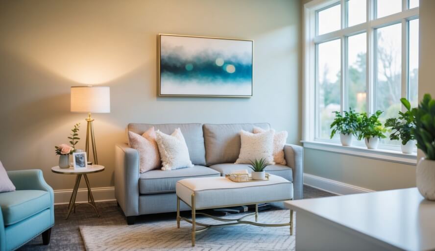 A serene office setting with a cozy couch, desk, and calming decor. Soft lighting and a peaceful atmosphere create a welcoming space for therapy sessions