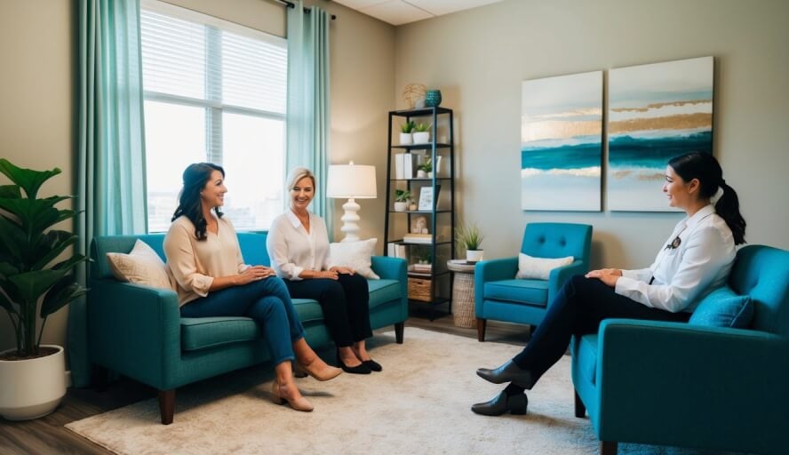 A cozy therapy office with calming decor and comfortable seating, where clients receive personalized stress therapy from a compassionate therapist