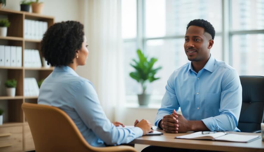 A therapist in Charlotte, NC listens to a client's work stress concerns in a cozy office setting