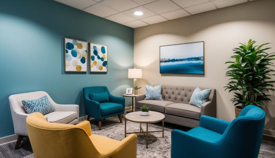 A cozy office space with calming colors and soft lighting, featuring comfortable seating and a welcoming atmosphere for male clients seeking mental health support in Charlotte, NC