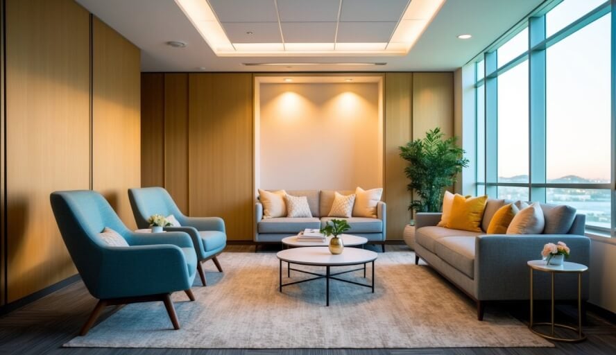 A serene office space with warm lighting, comfortable seating, and calming decor. A sense of safety and trust exudes from the environment