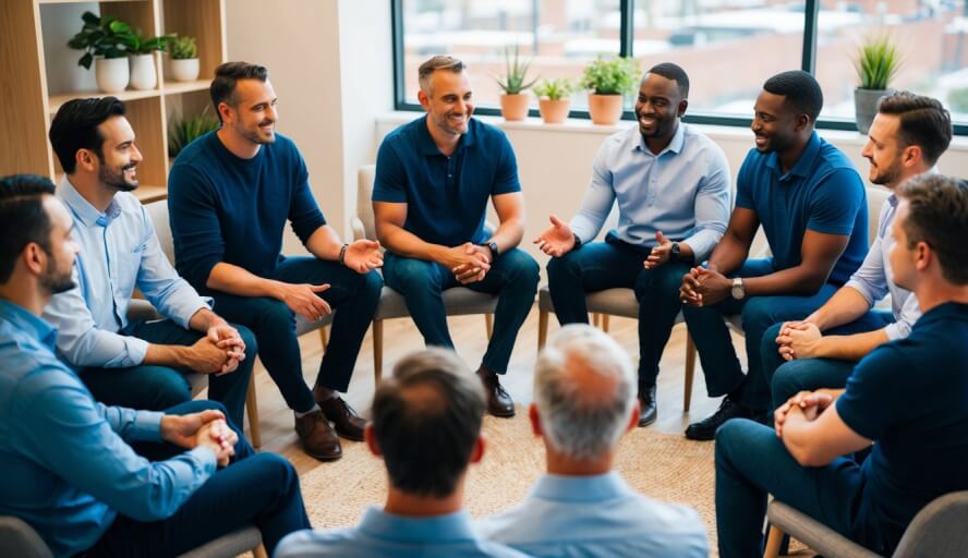 A group of men sitting in a circle, sharing their experiences and supporting each other in a cozy therapist's office in Charlotte, NC
