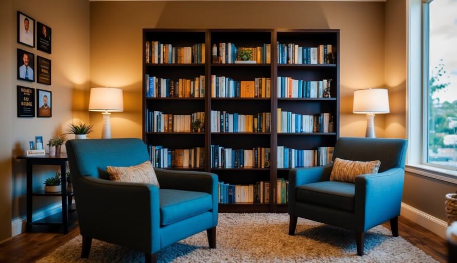 A cozy counseling office with warm lighting and comfortable seating, a bookshelf filled with resources on men's mental health, and a calming atmosphere