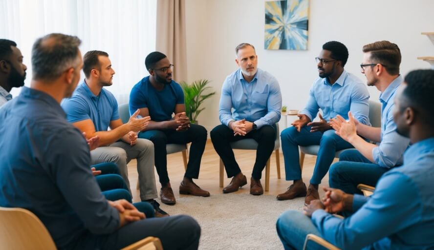 A group of men sit in a circle, sharing their struggles and finding support in a therapy session. The room is filled with a sense of hope and healing as faith and personal growth are integrated into their discussions