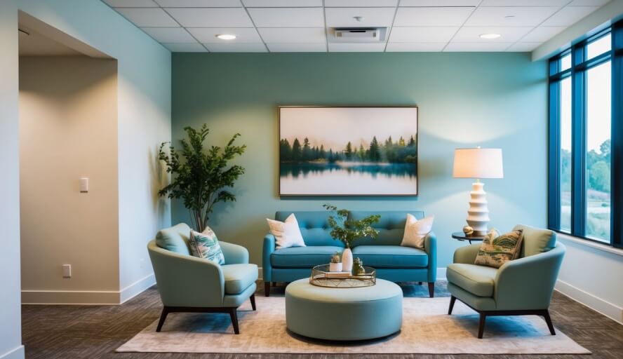 A serene office space with comfortable seating and soft lighting, decorated with calming colors and nature-inspired artwork
