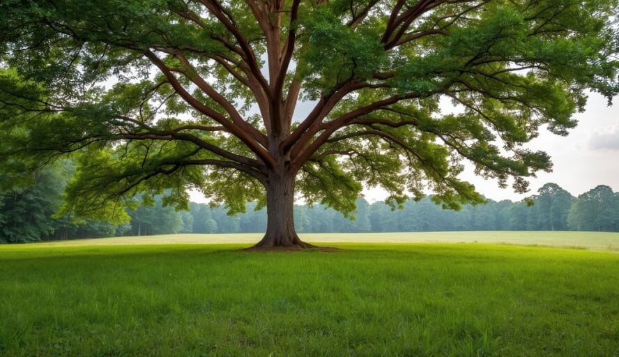 A serene forest clearing with a red oak tree, surrounded by lush greenery and a tranquil atmosphere near Charlotte, NC