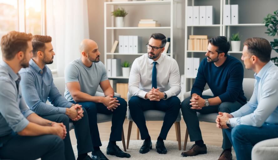 A group of men sitting in a circle in a cozy therapy office, discussing their struggles with a therapist in Charlotte, NC