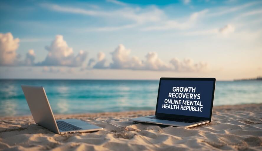 A serene beach setting with a laptop and a therapist's office in the background, symbolizing the growth and recovery of online mental health care in the Dominican Republic