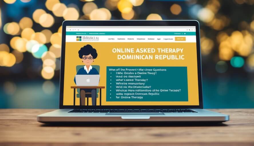 An illustrated laptop displaying a website with a list of frequently asked questions about online therapy in the Dominican Republic