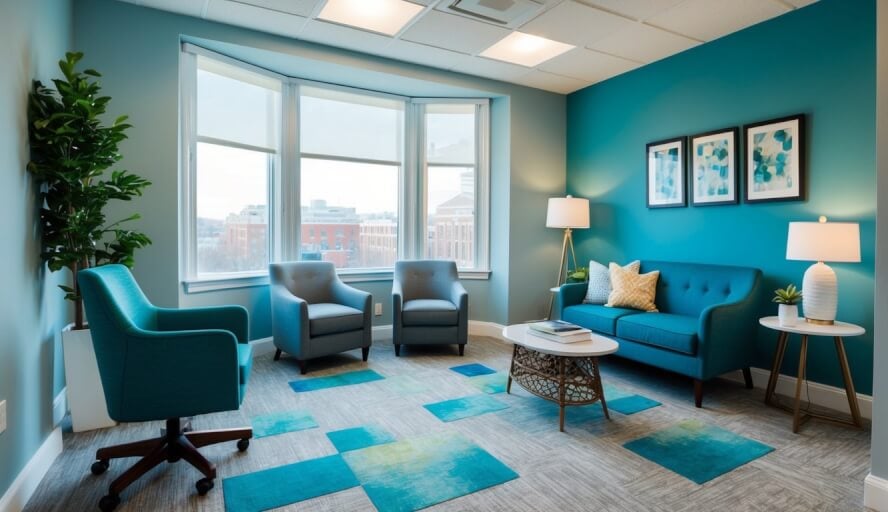A therapist's office in Baltimore, MD, with a calming atmosphere and comfortable seating for clients