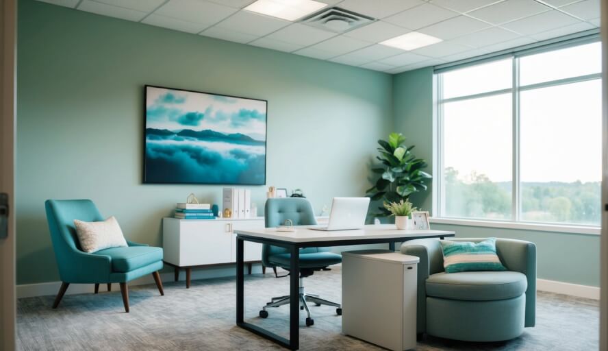 A serene office space with calming decor and natural light, featuring a comfortable seating area and a desk with a laptop and therapy resources