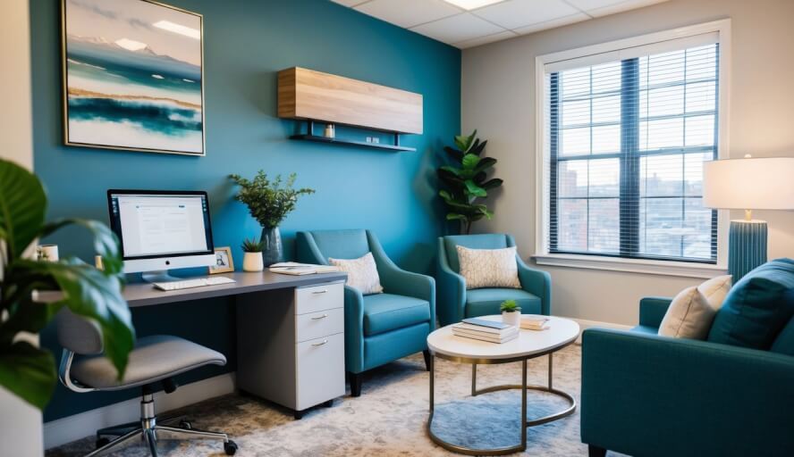 A therapist's office in Baltimore, MD with calming decor, comfortable seating, and a desk with a computer and paperwork