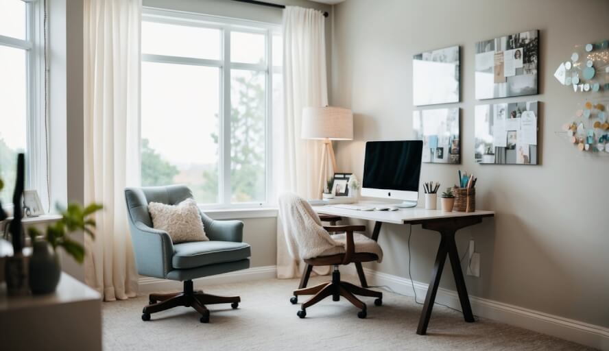 A serene office with calming decor and natural light, a cozy chair and a desk with a computer and various stress-relieving tools