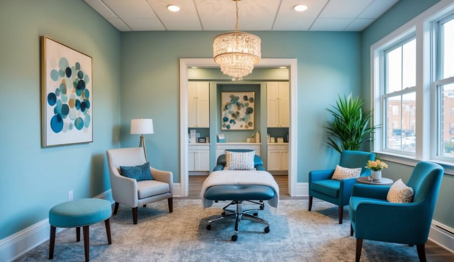 A therapist's office in Baltimore, MD with calming decor and comfortable seating for clients