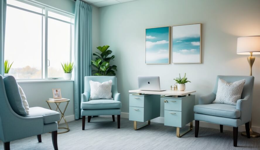 A calm and serene office space with comfortable seating, soft lighting, and soothing decor. A therapist's desk with a laptop and a cozy corner for private consultations