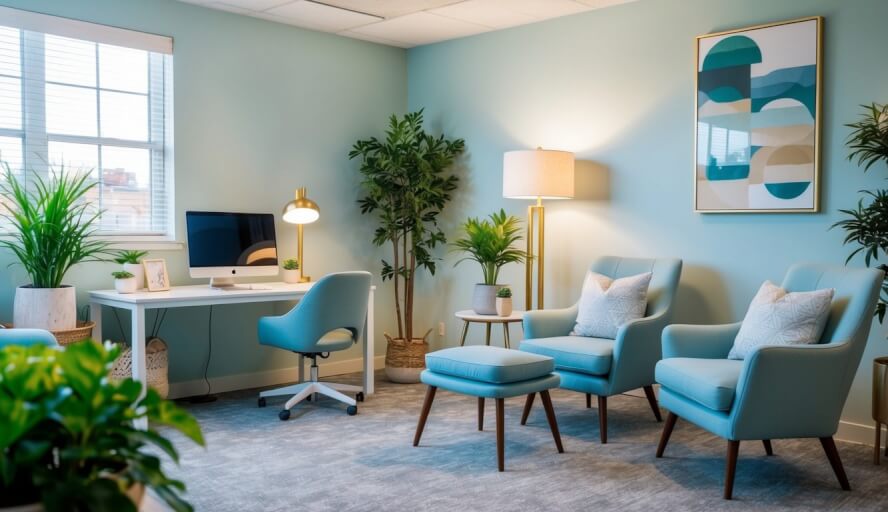 A serene office with calming decor, soft lighting, and comfortable seating. A desk with a computer and plants. A peaceful atmosphere for therapy sessions