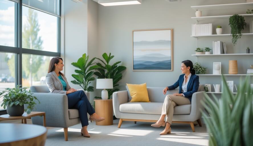 A therapist and client having a supportive conversation in a bright, comfortable therapy office.