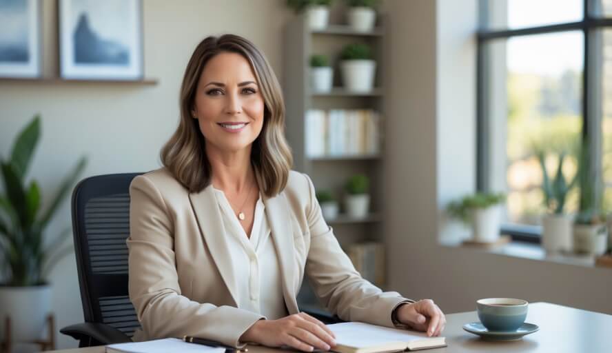 A female therapist sitting in a comfortable office with natural light, plants, and bookshelves, looking approachable and professional.