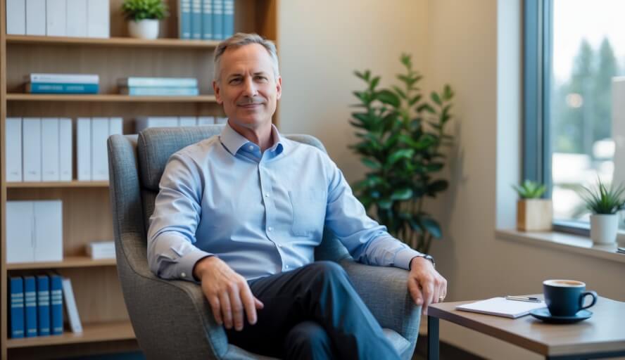 A middle-aged male therapist sitting in a modern office with bookshelves and natural light, looking calm and approachable.