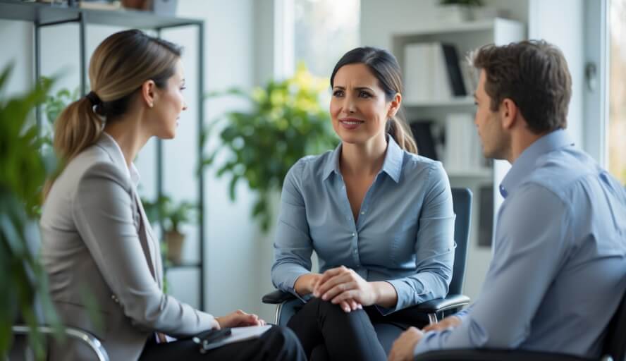 A female therapist attentively listening to a stressed young professional in a bright, comfortable therapy office.