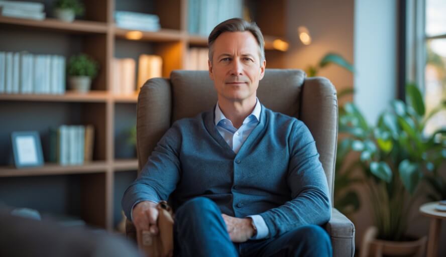 A male therapist sitting in a comfortable office with bookshelves and plants, creating a calm and welcoming environment.