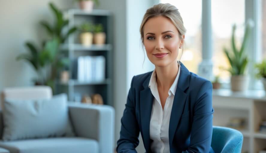 A female therapist sitting in a bright, comfortable therapy office, looking warm and approachable.
