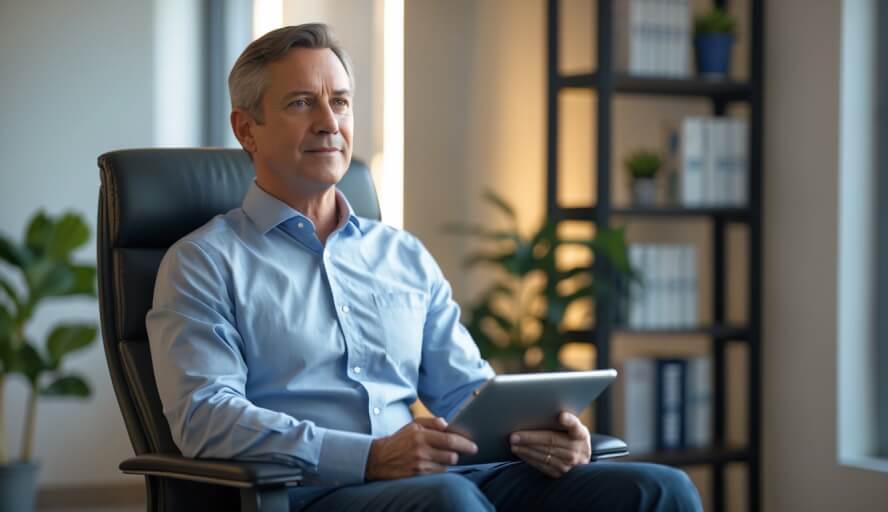 A male therapist sitting in a comfortable office, attentively listening and holding a notebook.