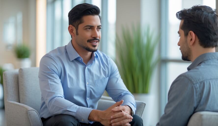 A male therapist talking supportively with a male client in a bright, comfortable office.