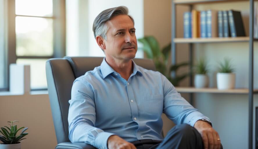 A middle-aged male therapist sitting in a comfortable office, attentively listening with a calm expression.