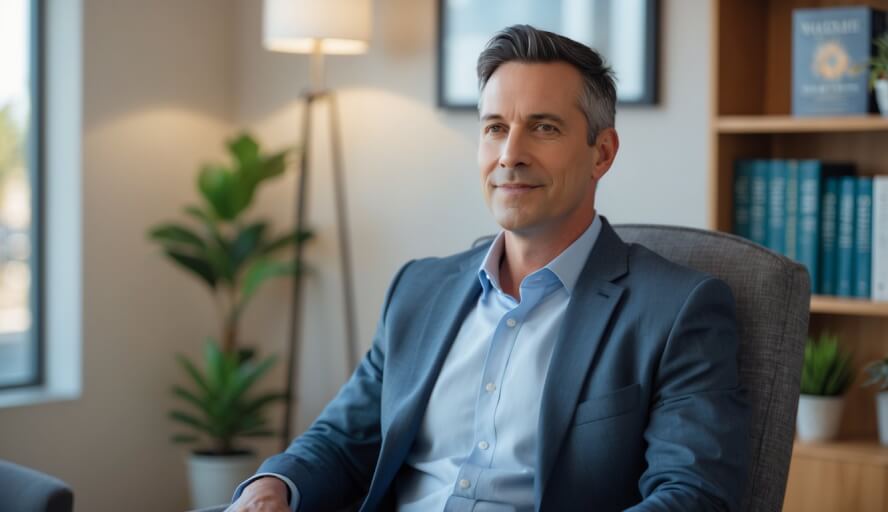 A male therapist sitting in a comfortable office with books and a plant, looking calm and approachable.