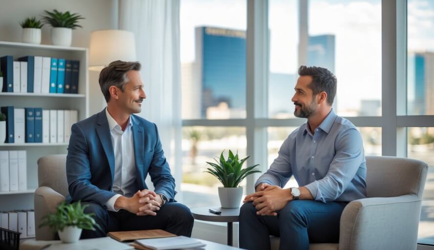 A male therapist and a male client having a supportive conversation in a bright, modern therapy office with a view of the Las Vegas skyline.
