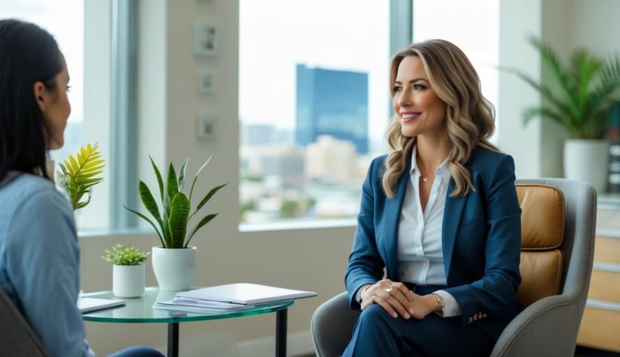 A female therapist and a client having a supportive conversation in a modern, calming office with plants and a window showing a city view.