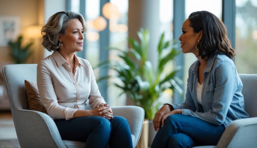 A female therapist attentively listens to a female client in a cozy counseling office with natural light and plants.