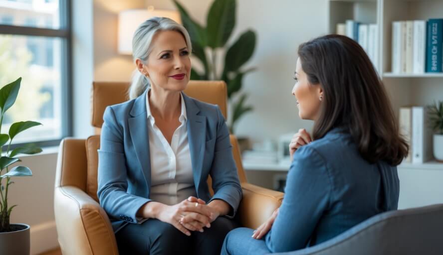 A female therapist attentively listening to a female client in a comfortable office setting.