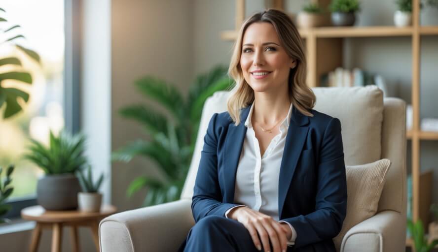 A female therapist sitting in a comfortable chair in a warmly lit therapy office with plants and bookshelves, smiling gently.