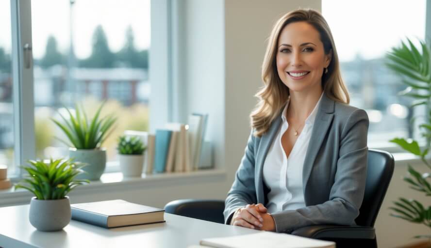 A female therapist sitting in a bright office with plants and books, smiling warmly.
