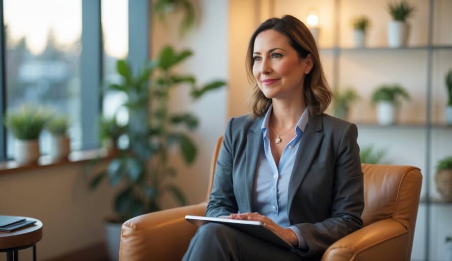 A female therapist sitting in a warm, inviting office, smiling gently and ready to listen.