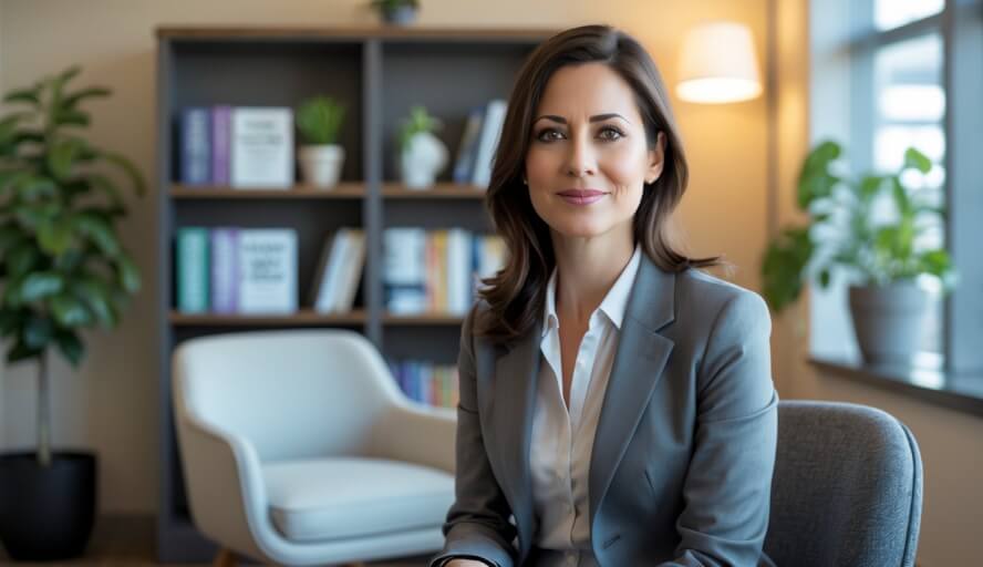 A female therapist sitting in a warm, modern office with books and a plant, smiling gently.