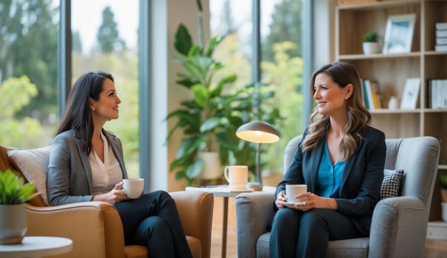 A female therapist and a female client having a supportive conversation in a bright, comfortable office with large windows and plants.