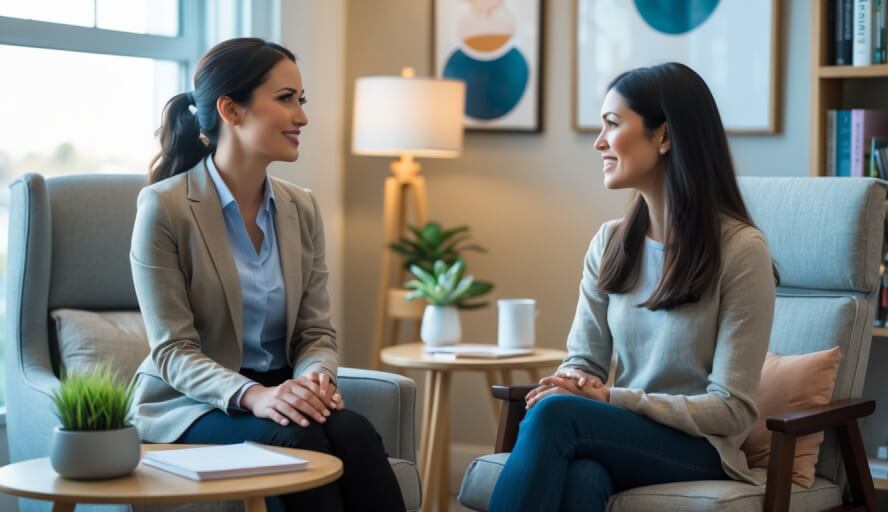 A female therapist attentively listening to a female client in a warm, modern therapy office with natural light and cozy furnishings.