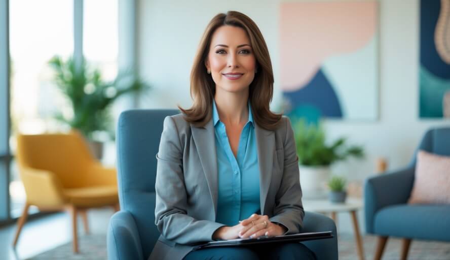 A female therapist sitting in a bright counseling office with natural light and calming decor.